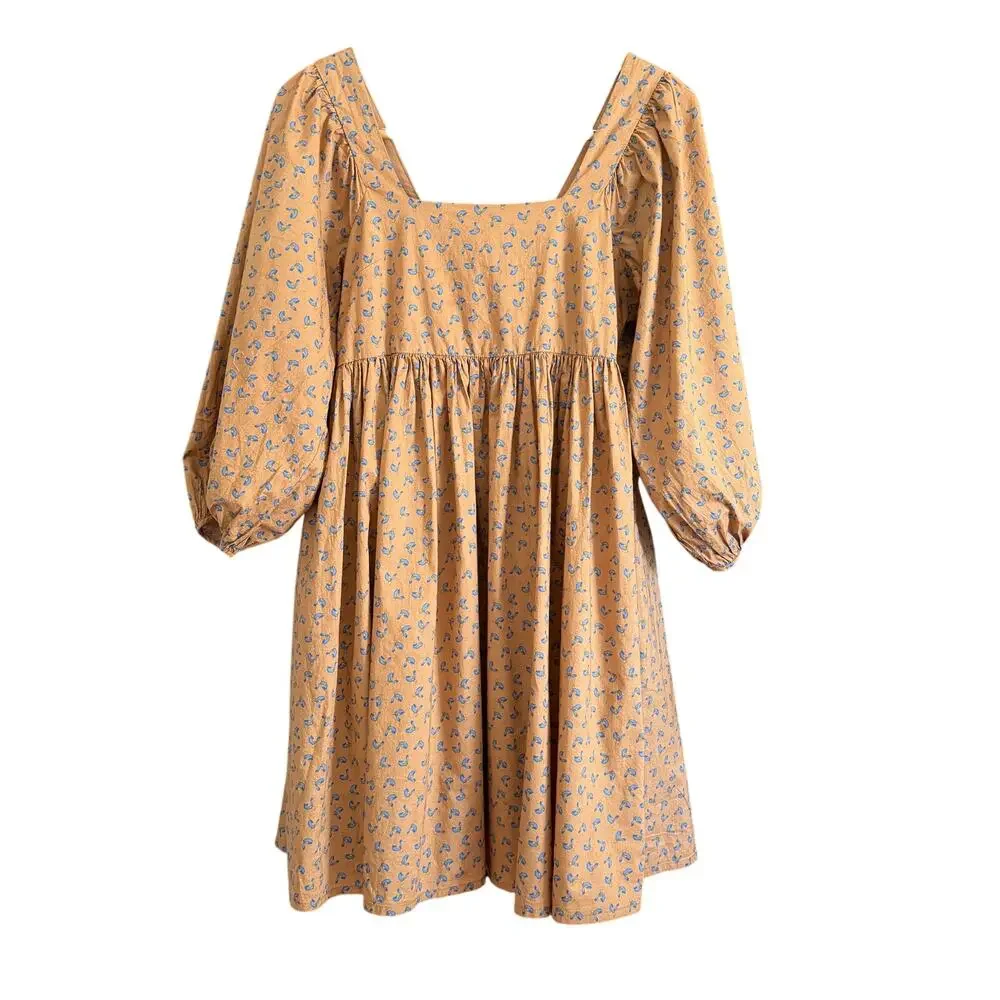 JUST FEMALE Merle Tent Cotton Square Neck Brown Floral Print Dress Extra Small - Picture 2 of 8